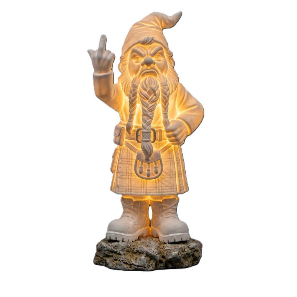 FLIPGNOME premium garden gnome front design by night